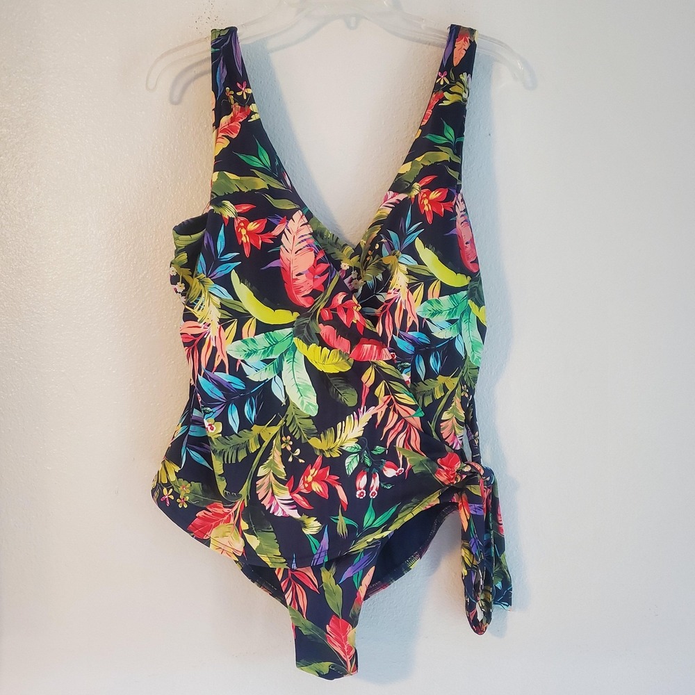 Lands End Swimsuit Womens 18 Blue Tropical Floral One Piece Tummy Control Ruched